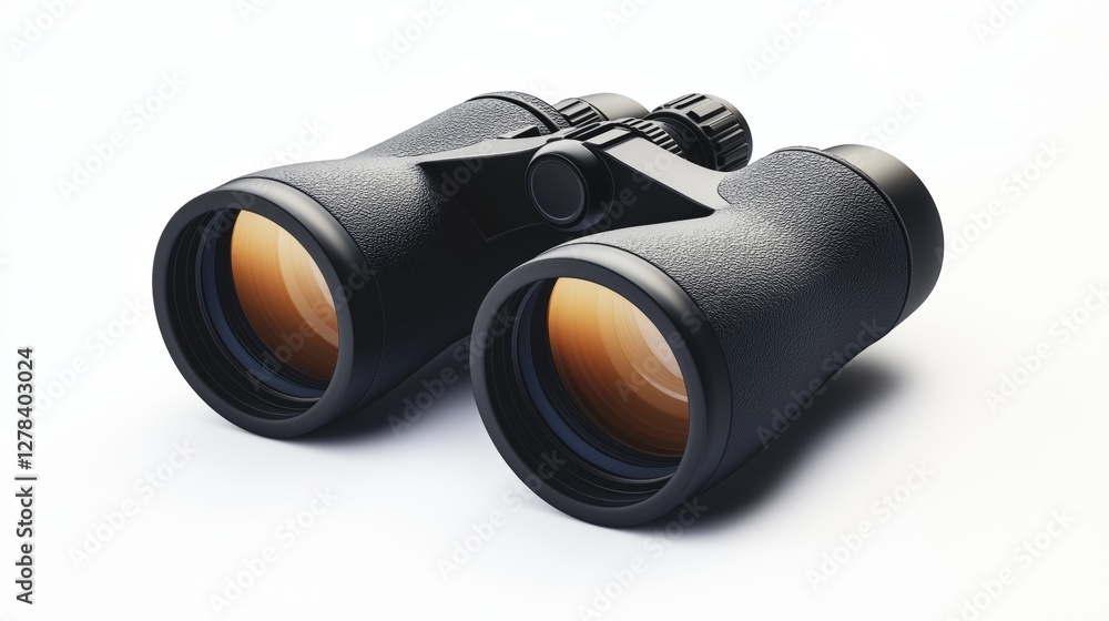 A 3D rendered pair of binoculars with adjustable focus, isolated on a white background. A 3D rendered pair of binoculars with adjustable focus, isolated on a white background.