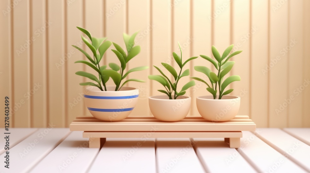 Three potted plants are arranged on a wooden stand atop a table, showcasing a harmonious blend of nature and interior decor. Three potted plants are arranged on a wooden stand atop a table, showcasing a harmonious blend of nature and interior decor.