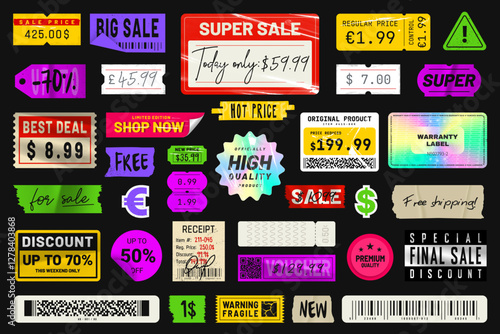 Price sticker in vintage style. Peeled paper price tags, labels, and badges. Retro sticker pack with plastic texture and grunge effect. Sale and promotional stickers collection. Vector