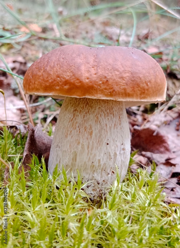 Boletus are very beautiful mushrooms. Mushrooms grow in the forest. Forest mushrooms, green moss, leaves and trees. Boletus are very beautiful mushrooms. Mushrooms grow in the forest. Forest mushrooms, green moss, leaves and trees.