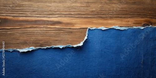 Ripped dark blue paper edge with torn corner on a wooden table, paper tear, dark blue,  paper tear, dark blue photo