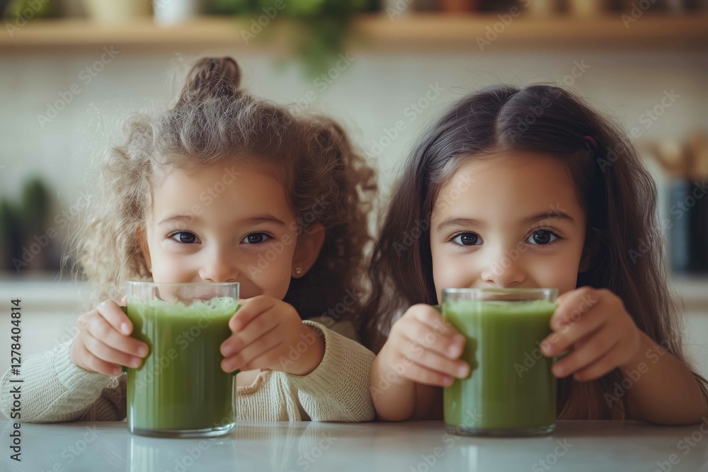 Little girls drinking green vegetable juice at kitchen Little girls drinking green vegetable juice at kitchen