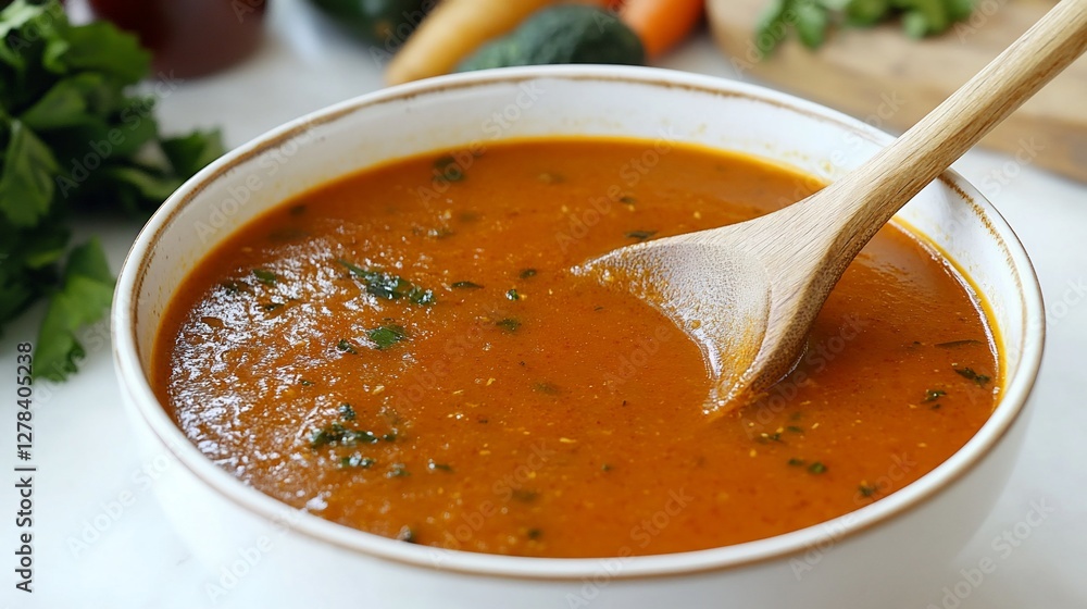 Creamy tomato soup in a bowl with wooden spoon. Creamy tomato soup in a bowl with wooden spoon.
