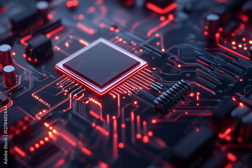 Close-up of a high-tech microchip on an illuminated circuit board with glowing red lines, symbolizing advanced computing, AI, and technology innovation.
Close-up of a high-tech microchip on an illuminated circuit board with glowing red lines, symbolizing advanced computing, AI, and technology innovation.