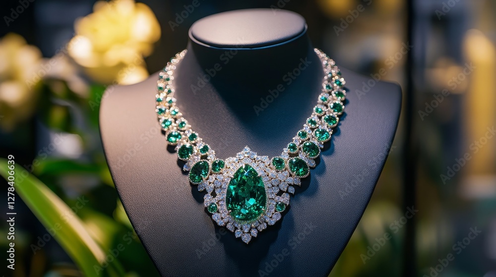 Diamond Necklace with Green Emerald Gemstone Jewelry. Isolated on Mannequin Neck. Exclusively for Women. Black Background. Diamond Necklace with Green Emerald Gemstone Jewelry. Isolated on Mannequin Neck. Exclusively for Women. Black Background.