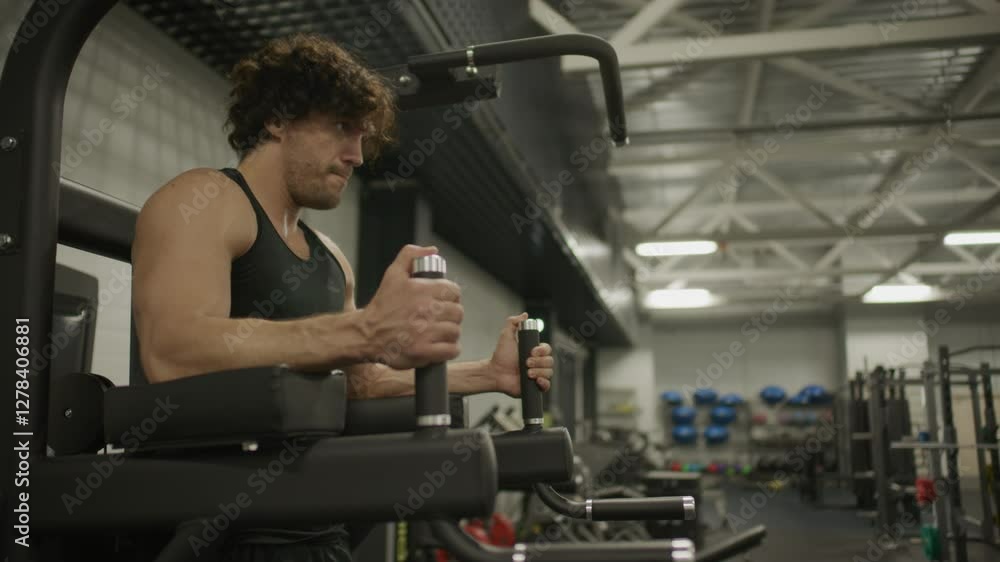 Athletic man gripping handles and performing hanging leg raises on Captain's chair during core workout in gym