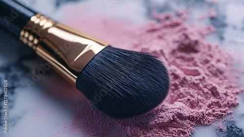 a makeup brush with pink powder gently scattered on a clean, light surface, perfect for beauty and cosmetic designs.
