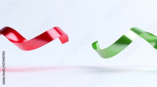 Dynamic red and green ribbons twisting in mid-air minimalist studio setting abstract art concept