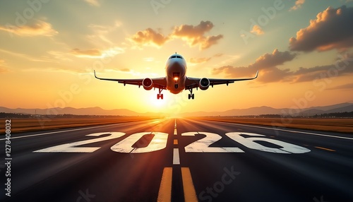 Airplane taking off airport runway painted in white number 