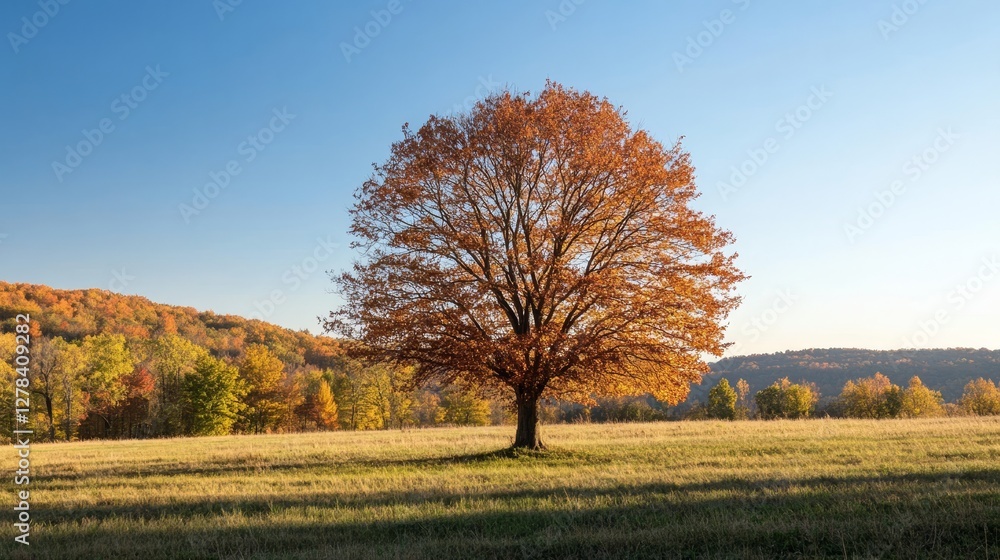 Autumnal Meadow with Majestic Tree - A Peaceful Fall Landscape Autumnal Meadow with Majestic Tree - A Peaceful Fall Landscape