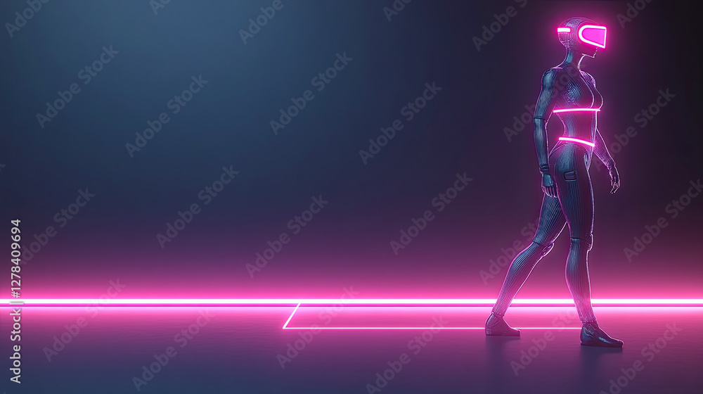 A Futuristic Humanoid Figure Walking Along a Neon-Lit Pathway While Wearing Virtual Reality Goggles A Futuristic Humanoid Figure Walking Along a Neon-Lit Pathway While Wearing Virtual Reality Goggles