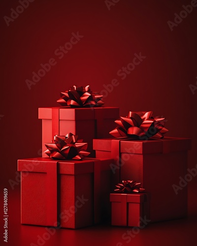 Red gift boxes stacked, studio shot, holiday