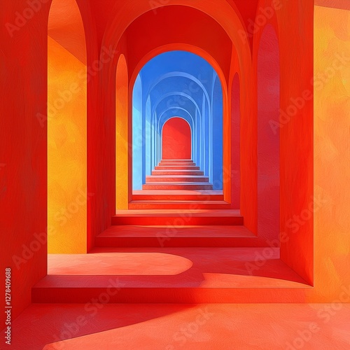 Vibrant architectural arches colorful space digital art creation abstract environment symmetrical perspective