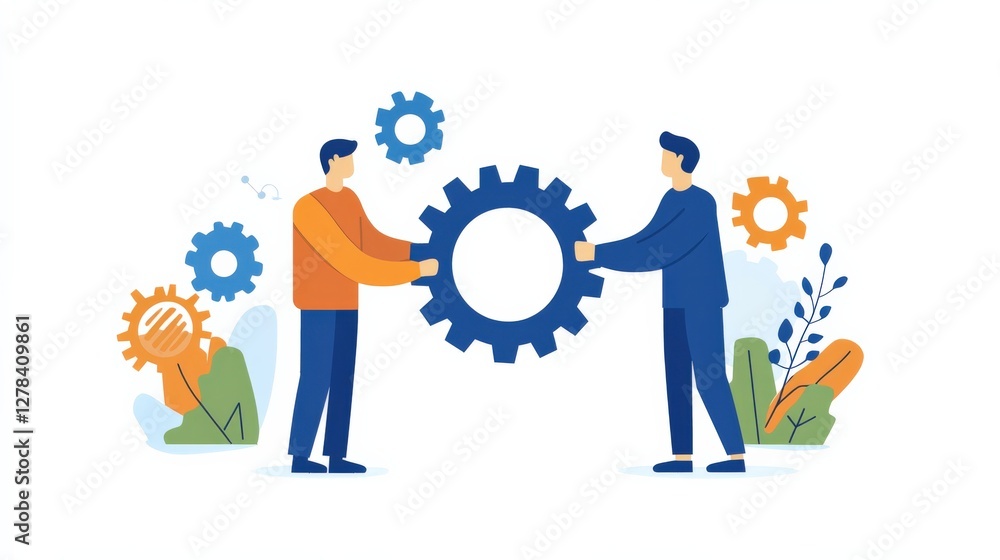 Two individuals collaborating to connect gears amidst a colorful, abstract background Two individuals collaborating to connect gears amidst a colorful, abstract background
