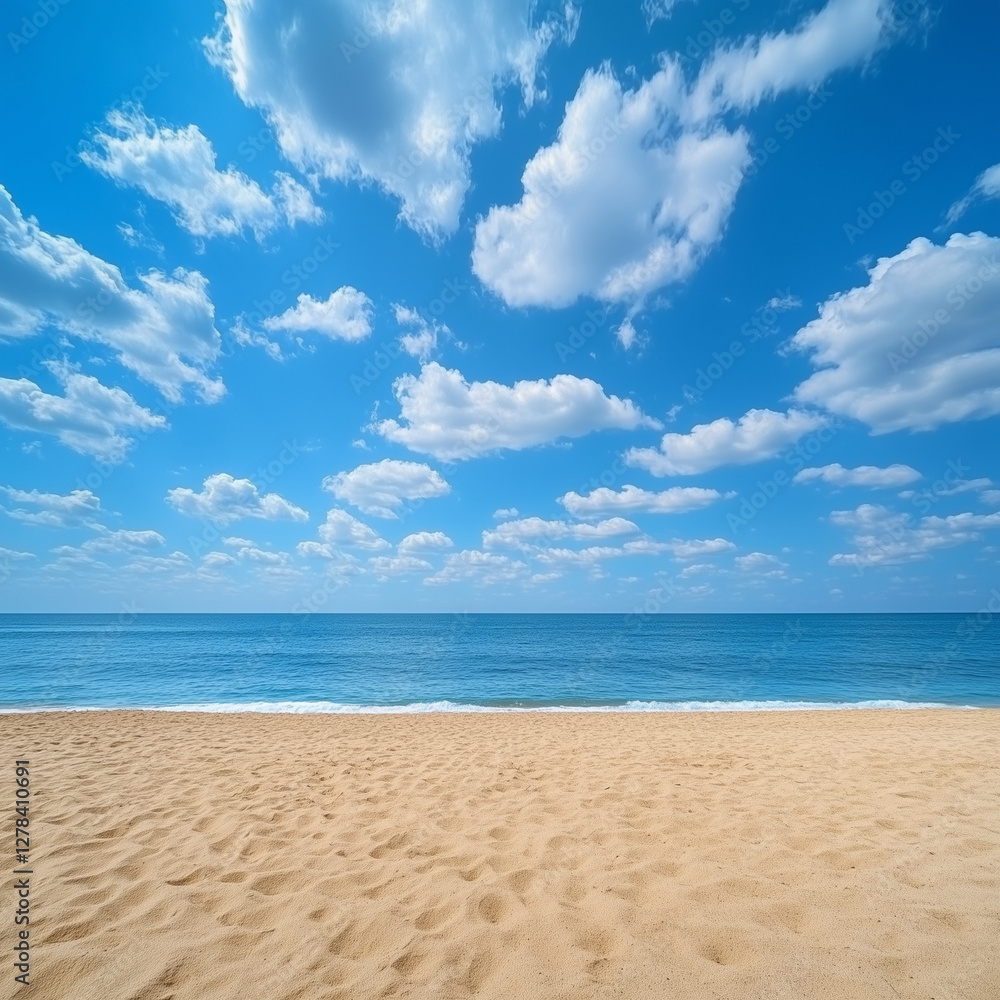 Obraz premium Beautiful summer beach with a blue sky and white clouds in the background. This is a travel concept for a vacation by the sea, with a golden sand beach and a beautiful natural landscape view. 