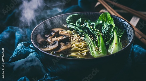 Delicious Steaming Bowl of Mushroom Noodle Soup with Bok Choy - An Aromatic Asian Delight
