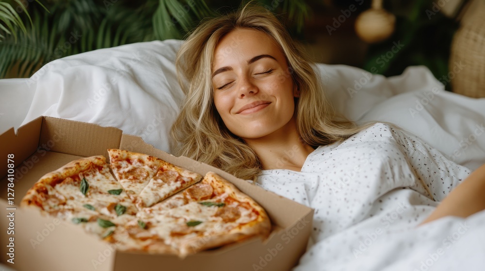 Smiling girl enjoys pizza breakfast in cozy home bed Smiling girl enjoys pizza breakfast in cozy home bed