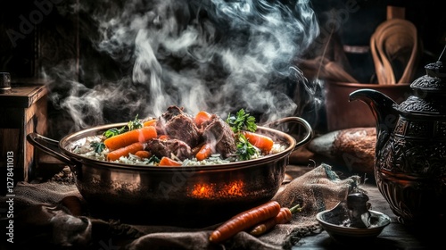 Steaming Aromatic Dish with Aromatic Rice and Meat