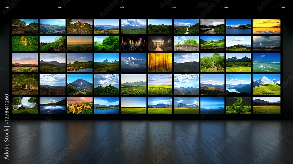 A wall of multiple screens displays various stunning landscapes and nature scenes, showcasing diverse environments and vibrant colors. A wall of multiple screens displays various stunning landscapes and nature scenes, showcasing diverse environments and vibrant colors.