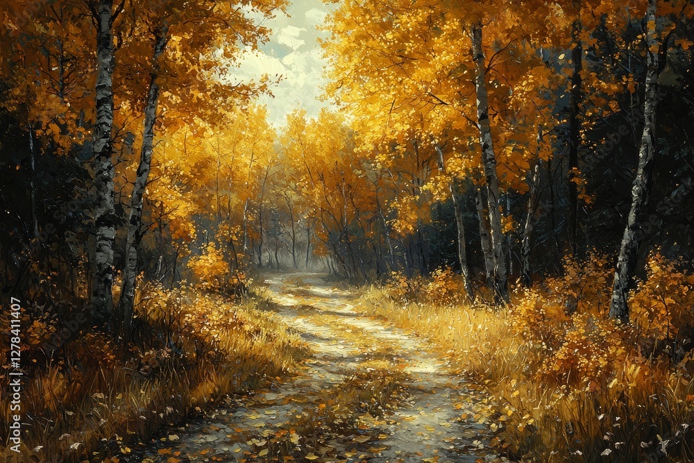 Fototapeta premium Autumn trail exploration enchanted forest landscape photography vibrant nature serene viewpoint tranquility