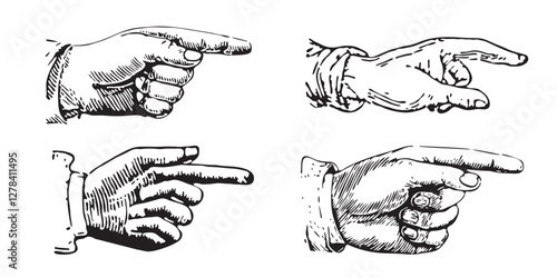 Set of antique engravings of pointing fingers. Hands pointing symbols.
