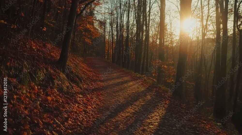 Autumnal Forest Path: A Golden Hour Stroll Through Nature's Embrace