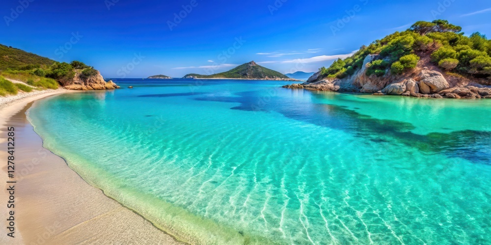 Obraz premium Turquoise waters lap against white sandy beach at Spiaggia Porto Ghiacciolo