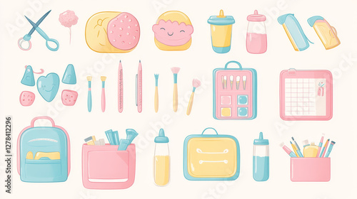 Kawaii school supplies set in pastel colors. Lunch box with food, notebook and scissors, thermos or water bottle and pencil case, paint palette with brush, ruler, pen and pencil. Education stickers.