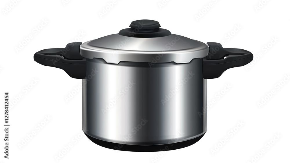 A large pressure cooker pot with a sturdy metallic body and a pressure release valve, isolated on a transparent background. The pot has a strong, industrial design A large pressure cooker pot with a sturdy metallic body and a pressure release valve, isolated on a transparent background. The pot has a strong, industrial design