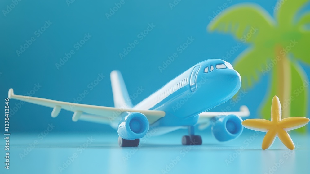 Naklejka premium A colorful toy airplane rests on the ground, accompanied by a starfish, showcasing a playful scene that blends imagination with nature.