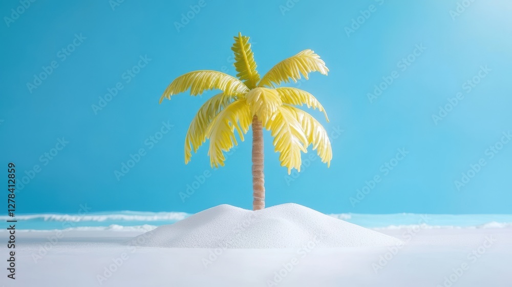 Fototapeta premium Arafed palm tree stands on a sandy beach under a clear blue sky, creating a serene tropical atmosphere perfect for relaxation and enjoyment.