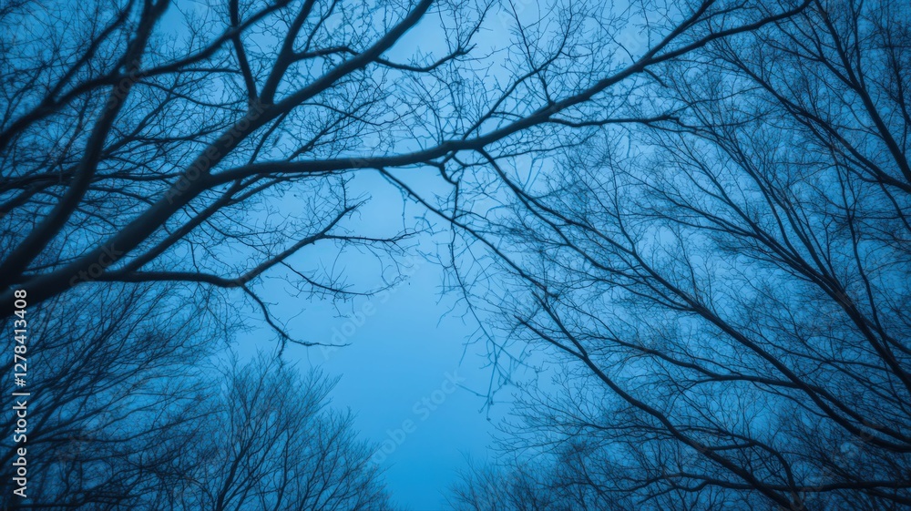 Bare Tree Branches Silhouetted Against Deep Blue Sky in a Winter Scene Bare Tree Branches Silhouetted Against Deep Blue Sky in a Winter Scene