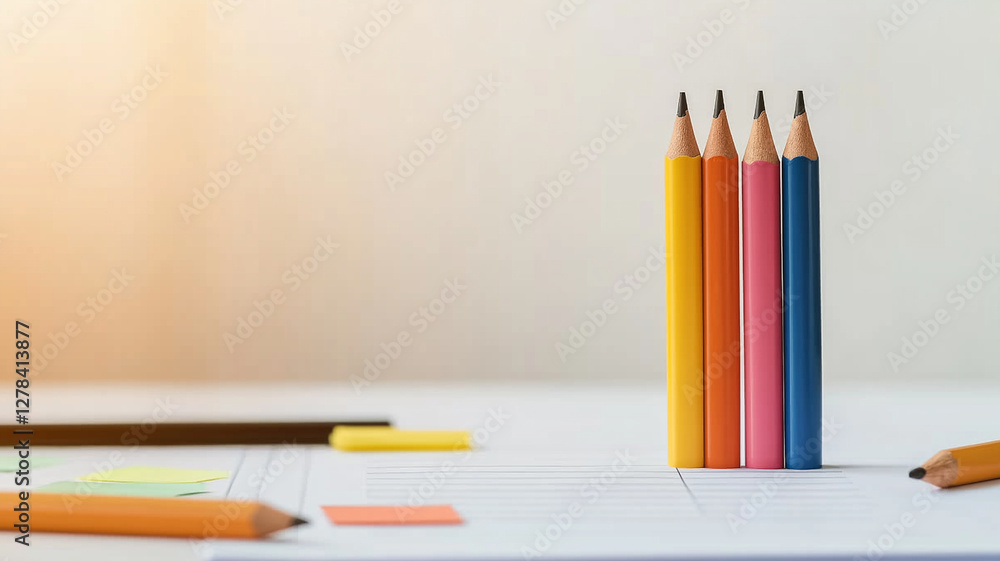 Fototapeta premium Colorful pencils arranged neatly on desk with sticky notes and project plan, creating vibrant workspace atmosphere