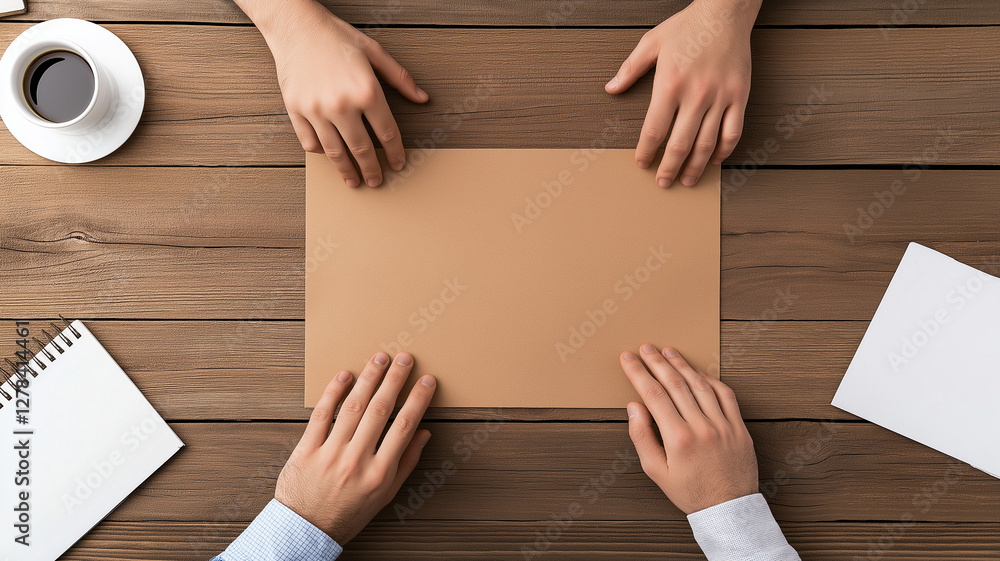 Hands of team collaborating over blank sheet of paper on wooden table, with coffee and notepads nearby, creating productive workspace atmosphere Hands of team collaborating over blank sheet of paper on wooden table, with coffee and notepads nearby, creating productive workspace atmosphere