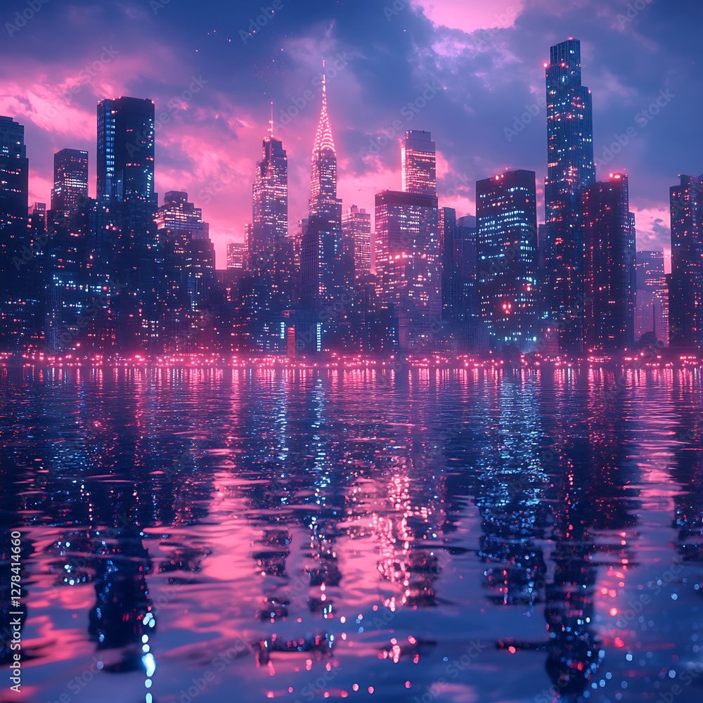 Obraz premium Cityscape reflection, night, futuristic