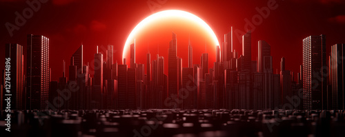 futuristic city skyline illuminated by large red sun, showcasing towering skyscrapers and dramatic atmosphere. scene evokes sense of wonder and innovation photo