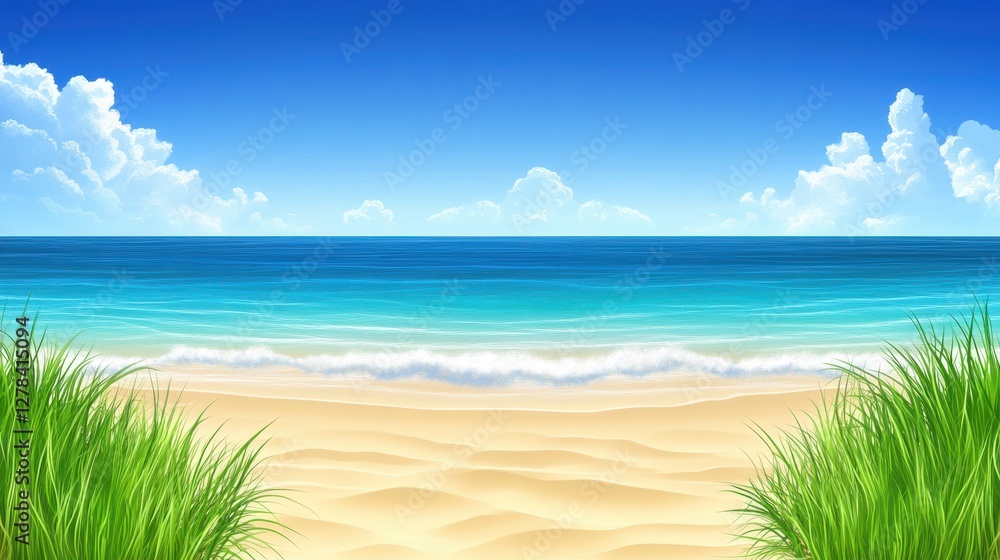 custom made wallpaper toronto digitalA vivid illustration depicting a serene beach scene featuring lush grass and soft sand, capturing the tranquility of nature's coastal beauty.