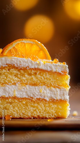 Close-up of a slice of cake with layers of cream and orange segments, showcasing a sweet dessert with citrus flavors and a vibrant, fresh look symbolizing indulgence and freshness. photo