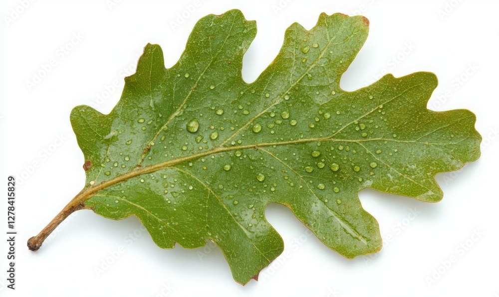 Green Oak Leaf with Water Droplets on White Background Green Oak Leaf with Water Droplets on White Background
