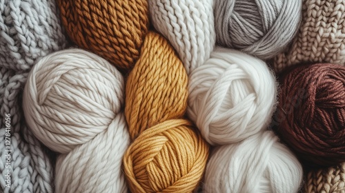Soft yarn balls in beige, white, brown, and golden tones, arranged with cozy knitted fabric. Perfect for knitting and winter themes.