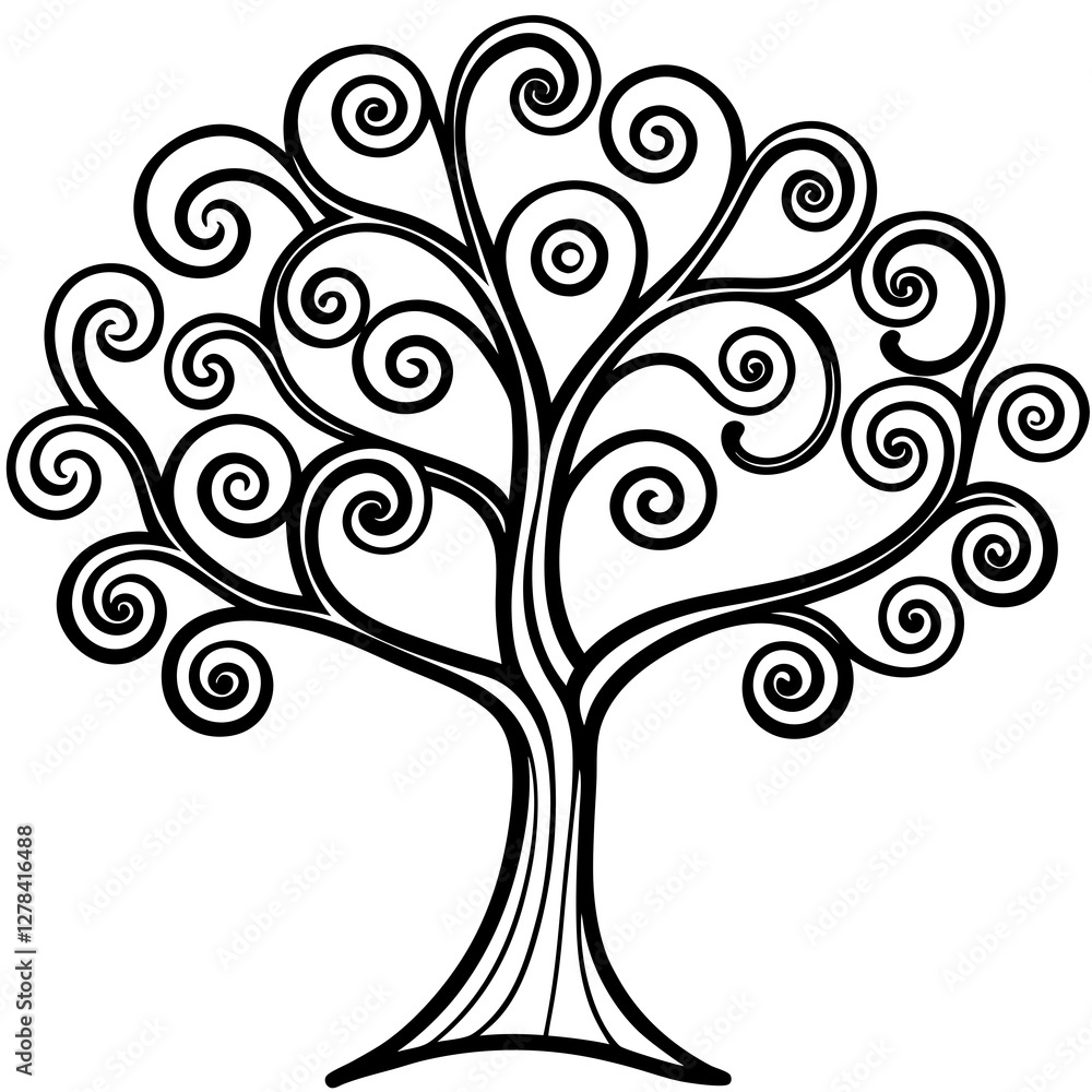 Whimsical Swirl Tree Line Art Vector Whimsical Swirl Tree Line Art Vector