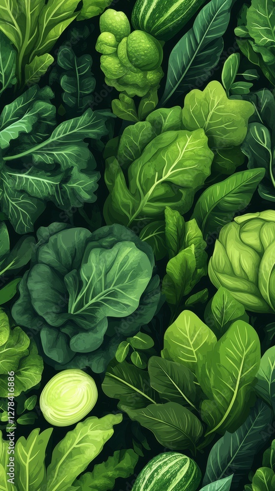 Fototapeta premium Vibrant Green Foliage Pattern with Vegetables and Gourds