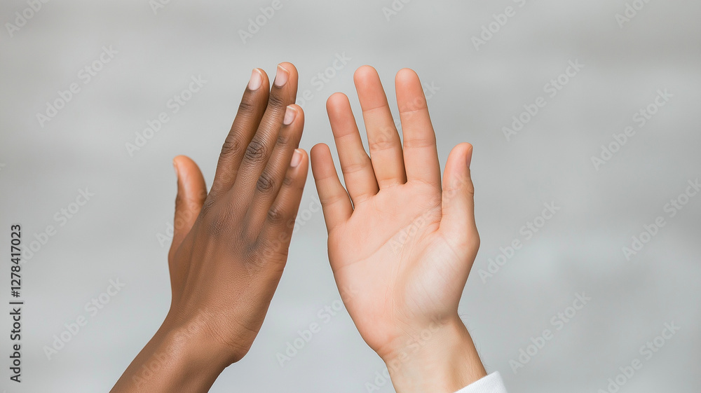 Celebrating diversity and unity, two hands of different skin tones come together in gesture of connection and collaboration Celebrating diversity and unity, two hands of different skin tones come together in gesture of connection and collaboration