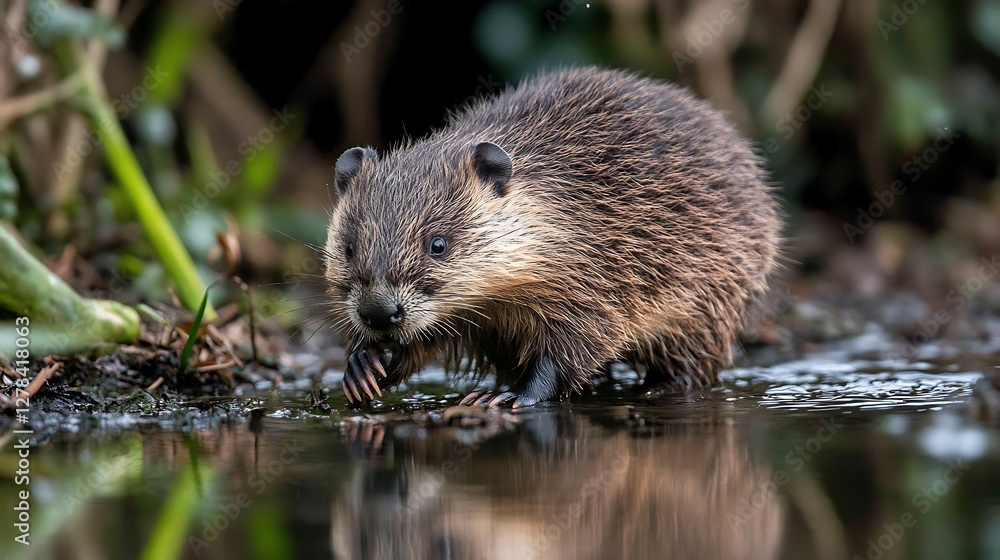 Baby beaver in shallow water, forest background Baby beaver in shallow water, forest background