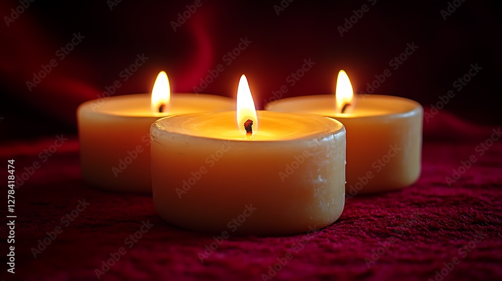 Three candles burning, red fabric, dark background, meditation Three candles burning, red fabric, dark background, meditation