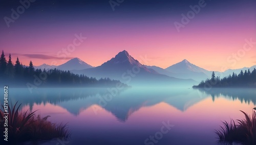 Wallpaper Mural Gemälde in Psychedelischen Farben - Sonnenuntergang am See - Idyllische Landschaft mit Nebel und irisierenden Farben Torontodigital.ca