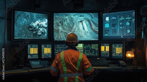 Mining engineer monitoring operation via multiple screens.