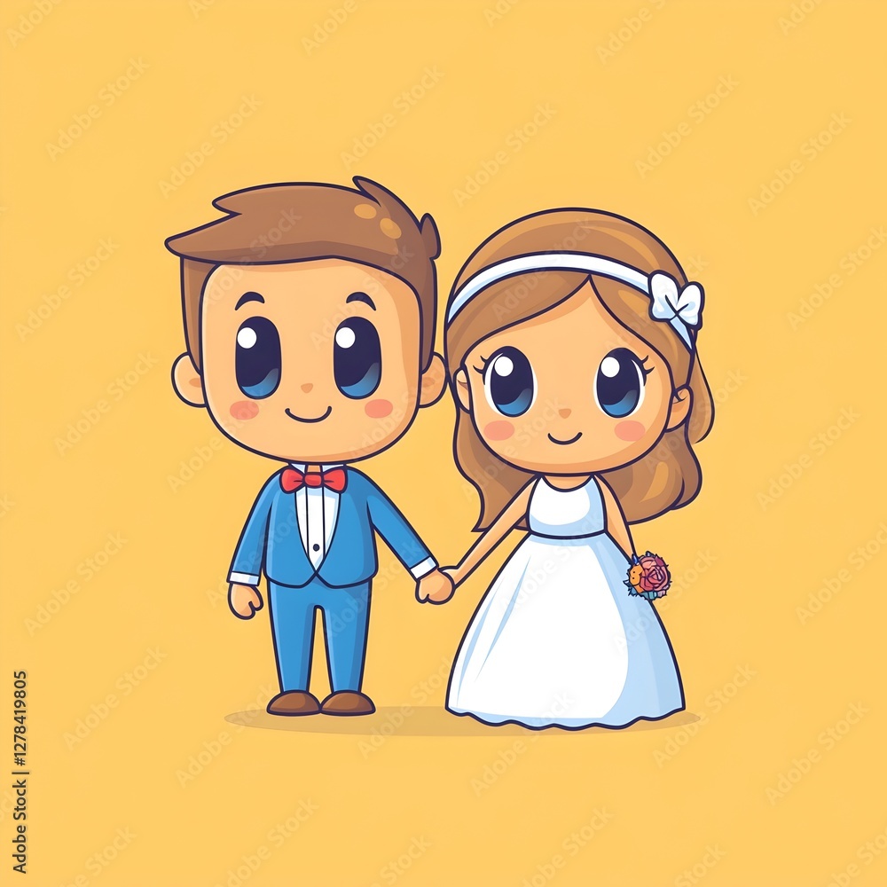 Cartoon Bride and Groom Walking Down the Aisle Hand in Hand with Bold Linework and Simple Colors Cartoon Bride and Groom Walking Down the Aisle Hand in Hand with Bold Linework and Simple Colors