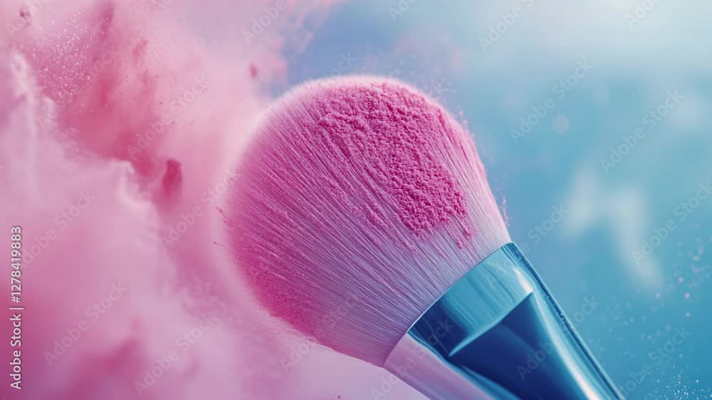 pink powder blush being applied with a makeup brush, set against a soft blue backdrop for a fresh, vibrant beauty look.