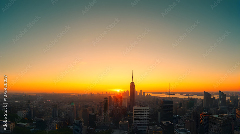 Fototapeta premium Panoramic View of a City Skyline at Golden Hour